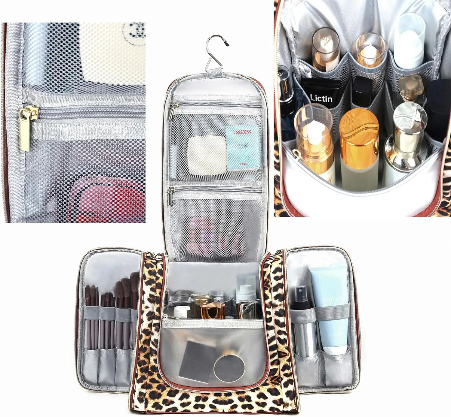 Hanging Travel Toiletry Bag For Women, Leopard Print Toiletries Bag For Travel Essential,Large Capacity Toiletries Organizer Kit For Cosmetics And Makeup