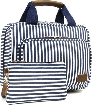 Hanging Travel Toiletry Bag For Women, Water-Resistant Bule Stripe Canvas Fabirc Toiletries Bags, Toiletries Organizer Kit For Cosmetics, Makeup
