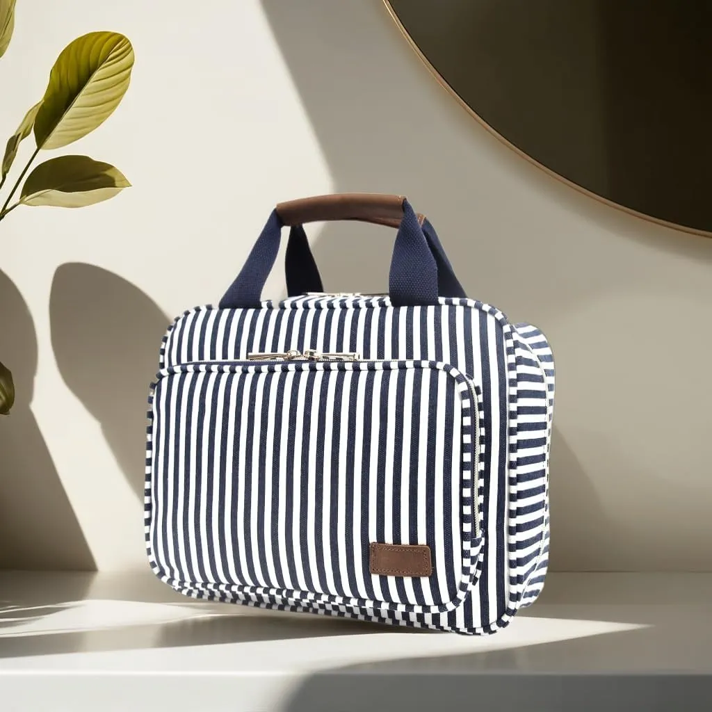 Hanging Travel Toiletry Bag For Women, Water-Resistant Bule Stripe Canvas Fabirc Toiletries Bags, Toiletries Organizer Kit For Cosmetics, Makeup