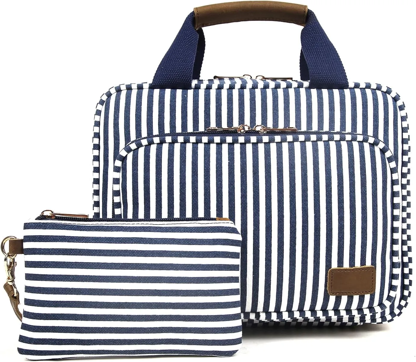 Hanging Travel Toiletry Bag For Women, Water-Resistant Bule Stripe Canvas Fabirc Toiletries Bags, Toiletries Organizer Kit For Cosmetics, Makeup