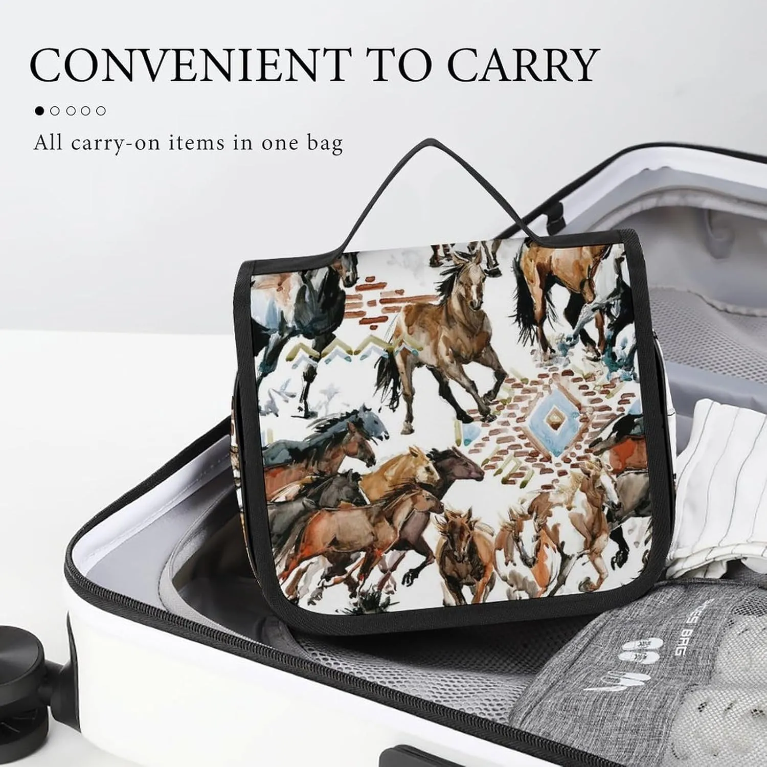 Hanging Travel Toiletry Bag, Large Capacity Cosmetic Bag for Women, Waterproof Makeup Organzier Cool Wild Horses Western Tribal Bathroom Shower Bag