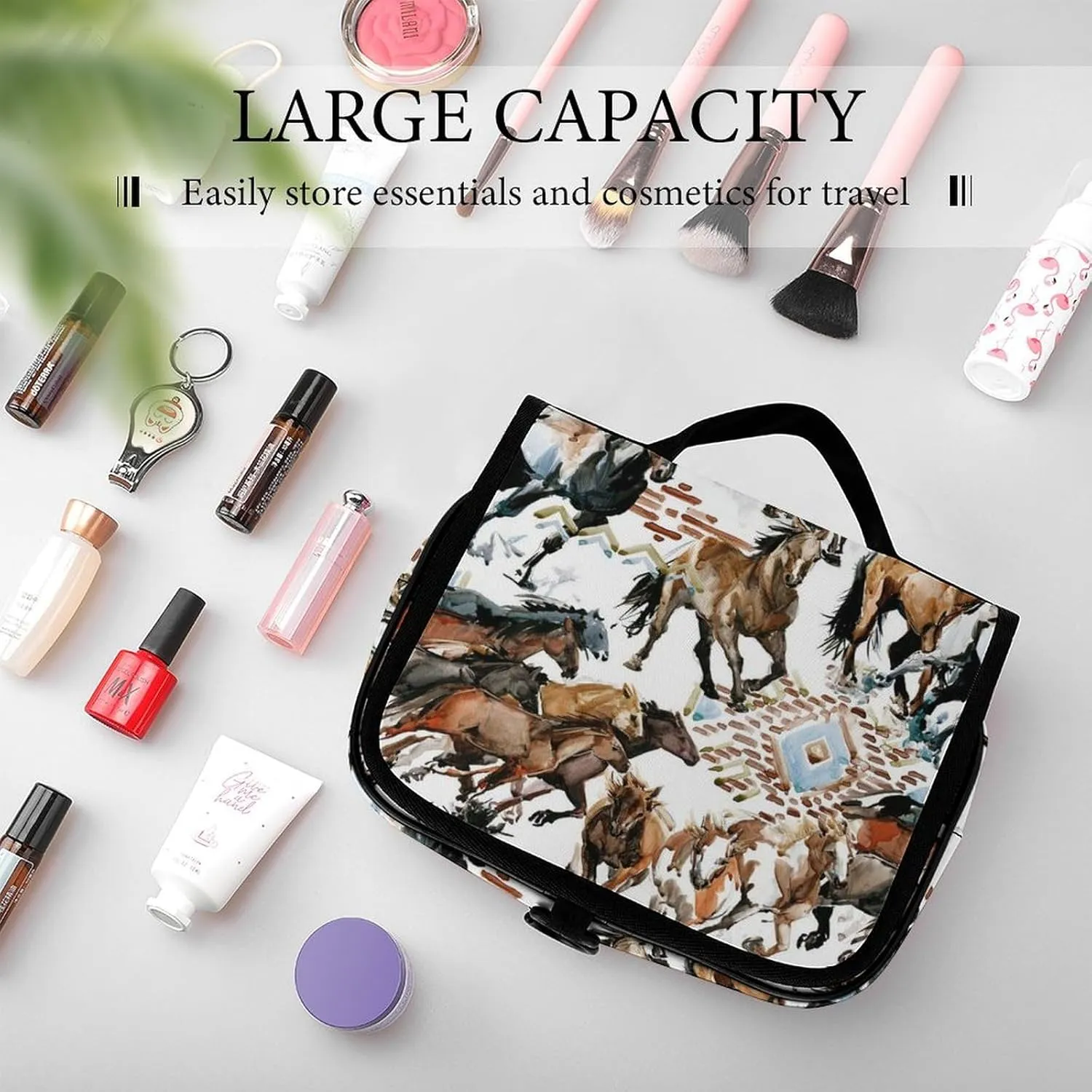 Hanging Travel Toiletry Bag, Large Capacity Cosmetic Bag for Women, Waterproof Makeup Organzier Cool Wild Horses Western Tribal Bathroom Shower Bag