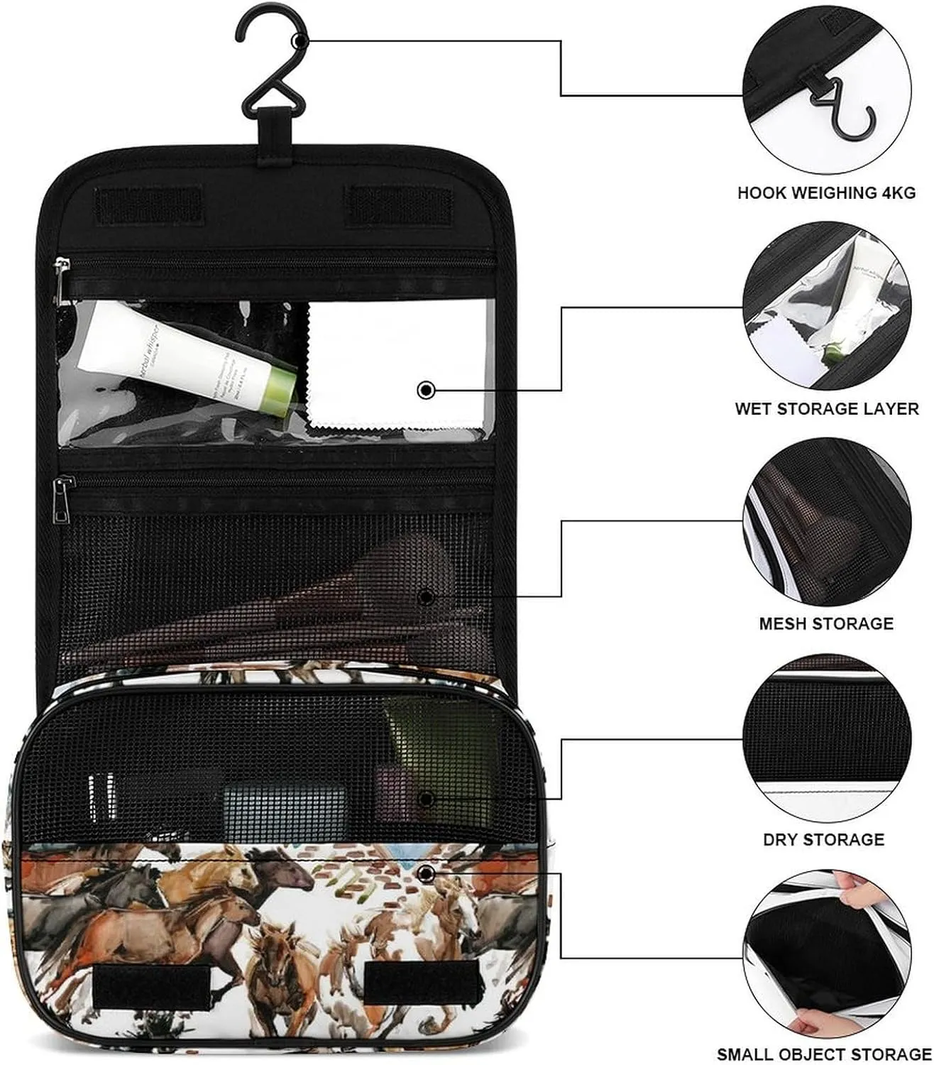 Hanging Travel Toiletry Bag, Large Capacity Cosmetic Bag for Women, Waterproof Makeup Organzier Cool Wild Horses Western Tribal Bathroom Shower Bag