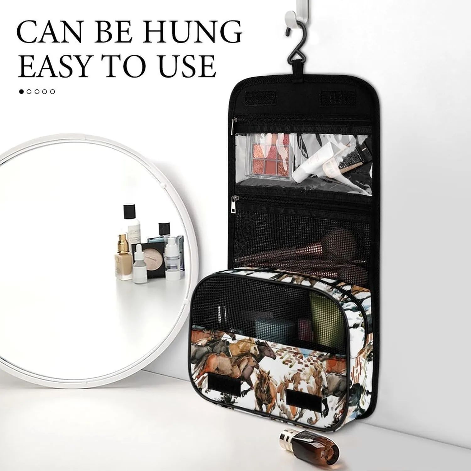 Hanging Travel Toiletry Bag, Large Capacity Cosmetic Bag for Women, Waterproof Makeup Organzier Cool Wild Horses Western Tribal Bathroom Shower Bag