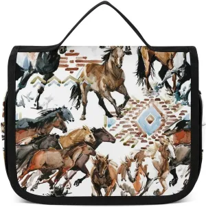 Hanging Travel Toiletry Bag, Large Capacity Cosmetic Bag for Women, Waterproof Makeup Organzier Cool Wild Horses Western Tribal Bathroom Shower Bag