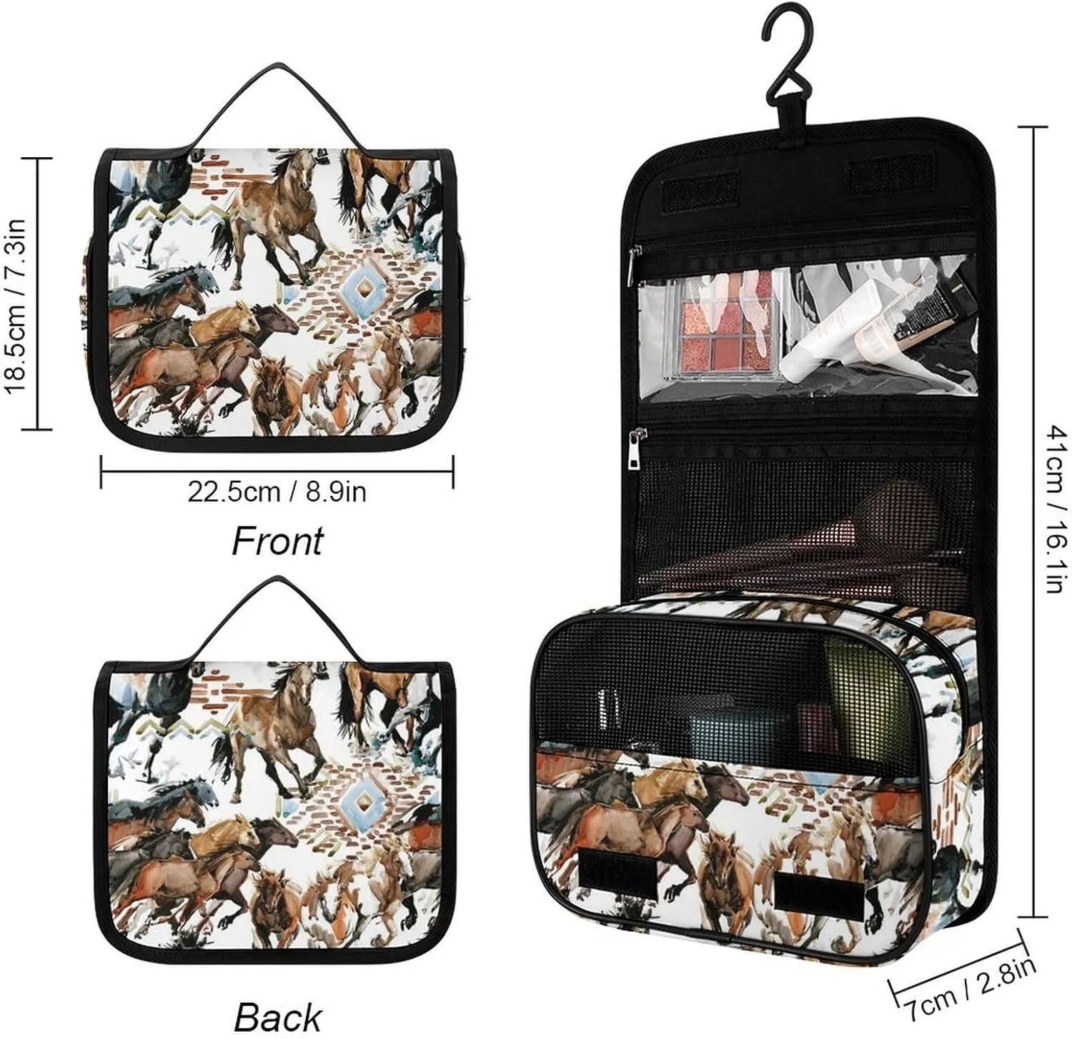 Hanging Travel Toiletry Bag, Large Capacity Cosmetic Bag for Women, Waterproof Makeup Organzier Cool Wild Horses Western Tribal Bathroom Shower Bag
