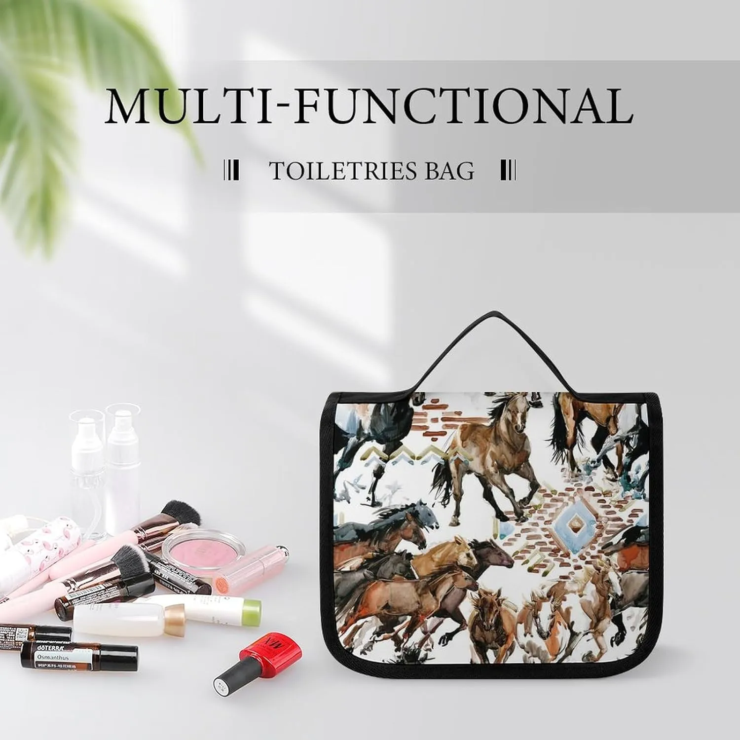 Hanging Travel Toiletry Bag, Large Capacity Cosmetic Bag for Women, Waterproof Makeup Organzier Cool Wild Horses Western Tribal Bathroom Shower Bag