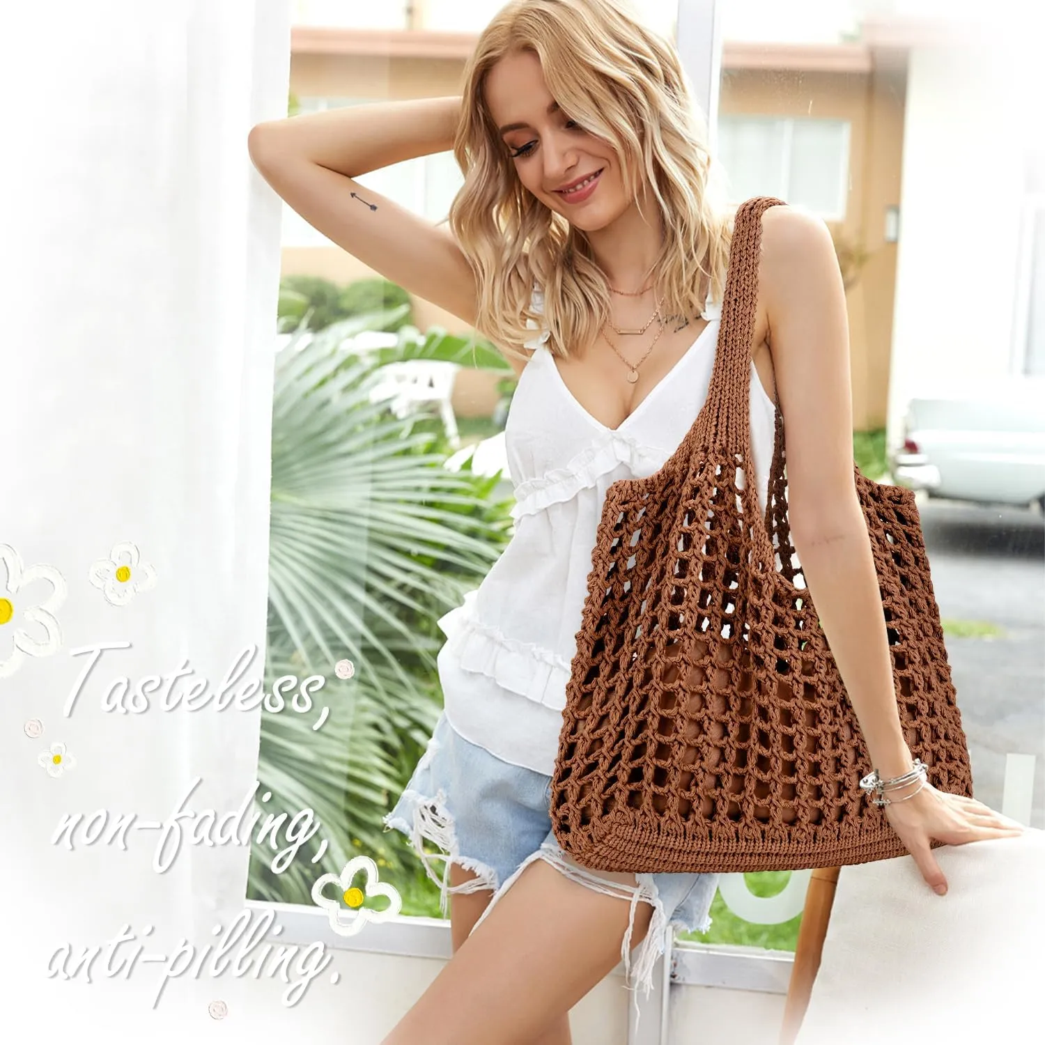 hatisan Crochet Bags for Women - Large Tote Aesthetic Handbag Shoulder Hippie Knit Bag