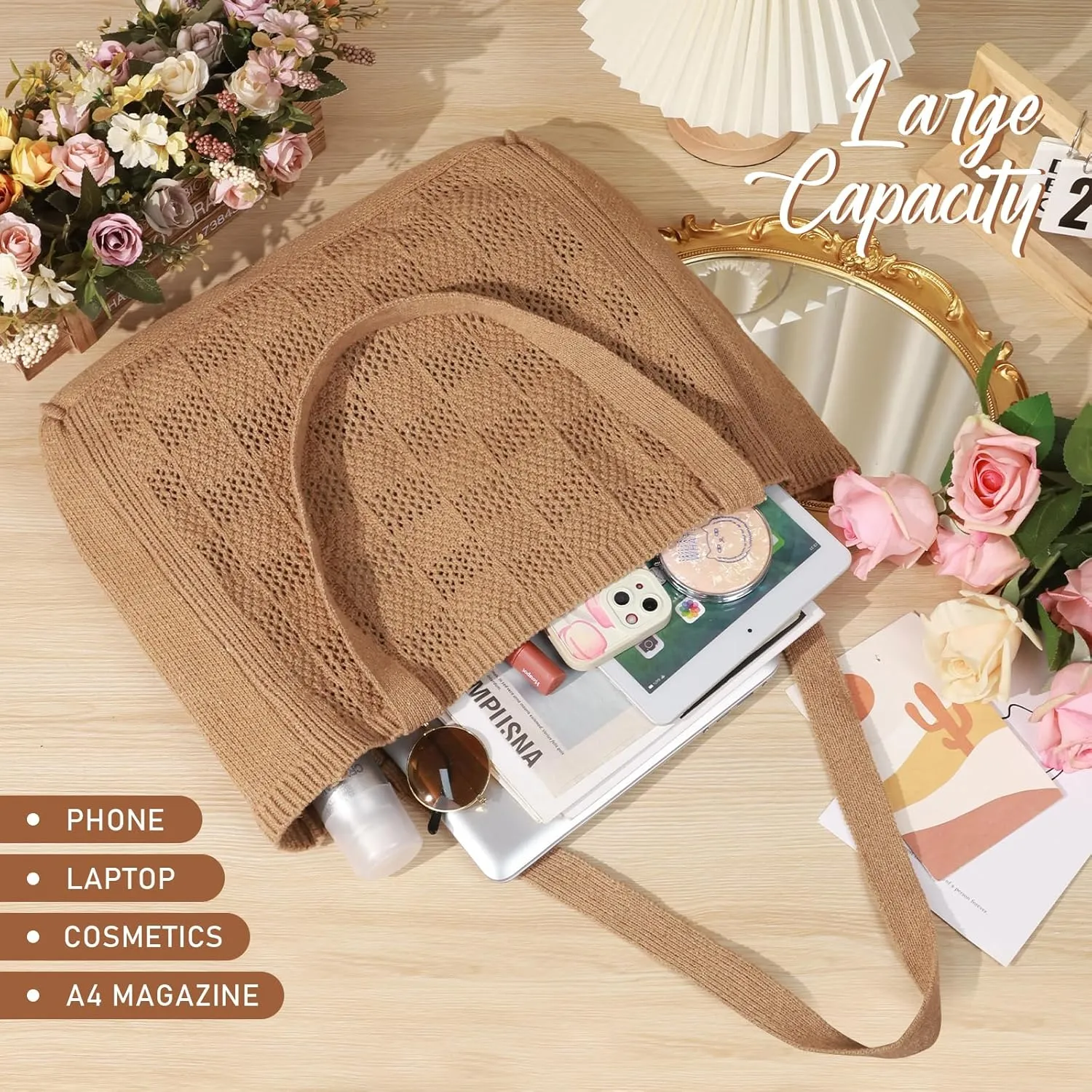 hatisan Crochet Bags for Women - Large Tote Aesthetic Handbag Shoulder Hippie Knit Bag