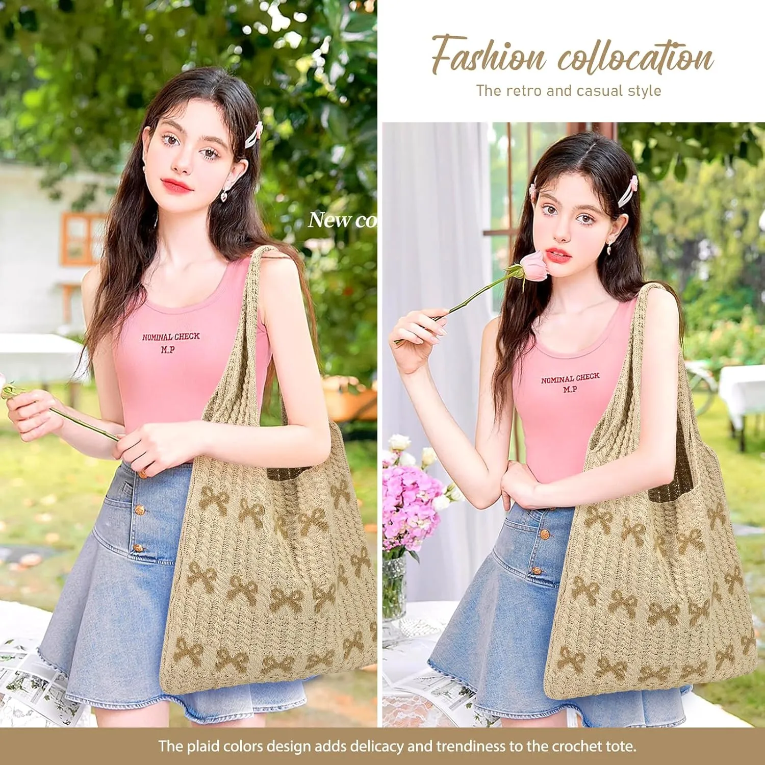 hatisan Crochet Bags for Women - Large Tote Aesthetic Handbag Shoulder Hippie Knit Bag
