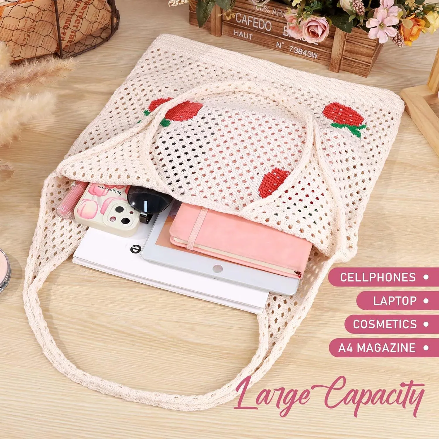 hatisan Crochet Bags for Women - Large Tote Aesthetic Handbag Shoulder Hippie Knit Bag