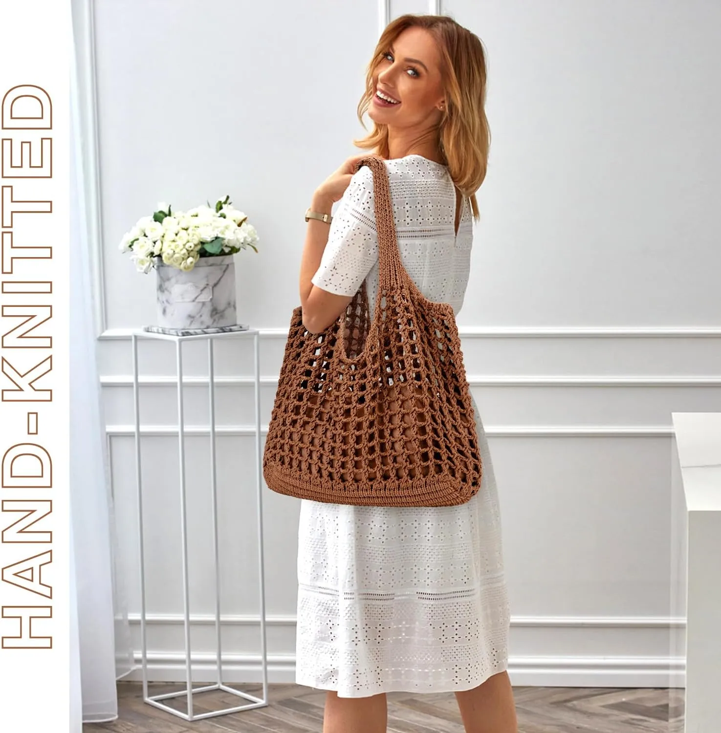 hatisan Crochet Bags for Women - Large Tote Aesthetic Handbag Shoulder Hippie Knit Bag