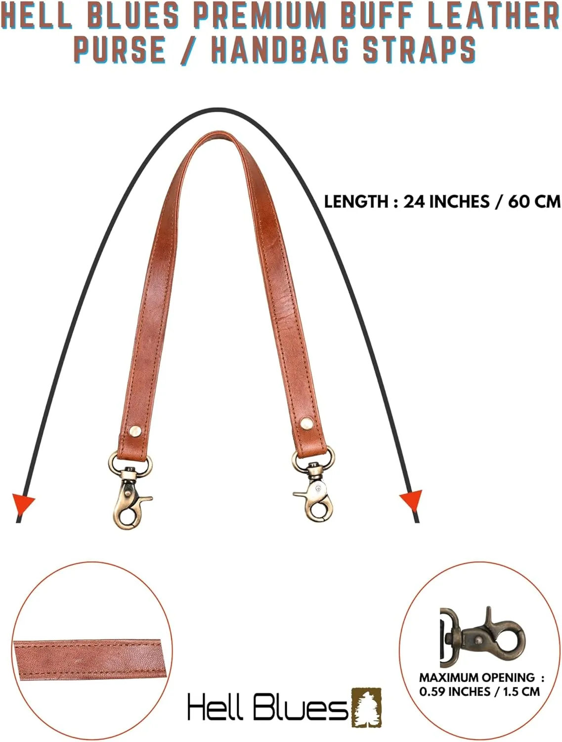 HB Full Grain Leather Purse Strap 2Pcs ~ 24" Premium Short Purse Replacement Handles for Handbag Underarm bags, Tan Brown with Brass Buckles
