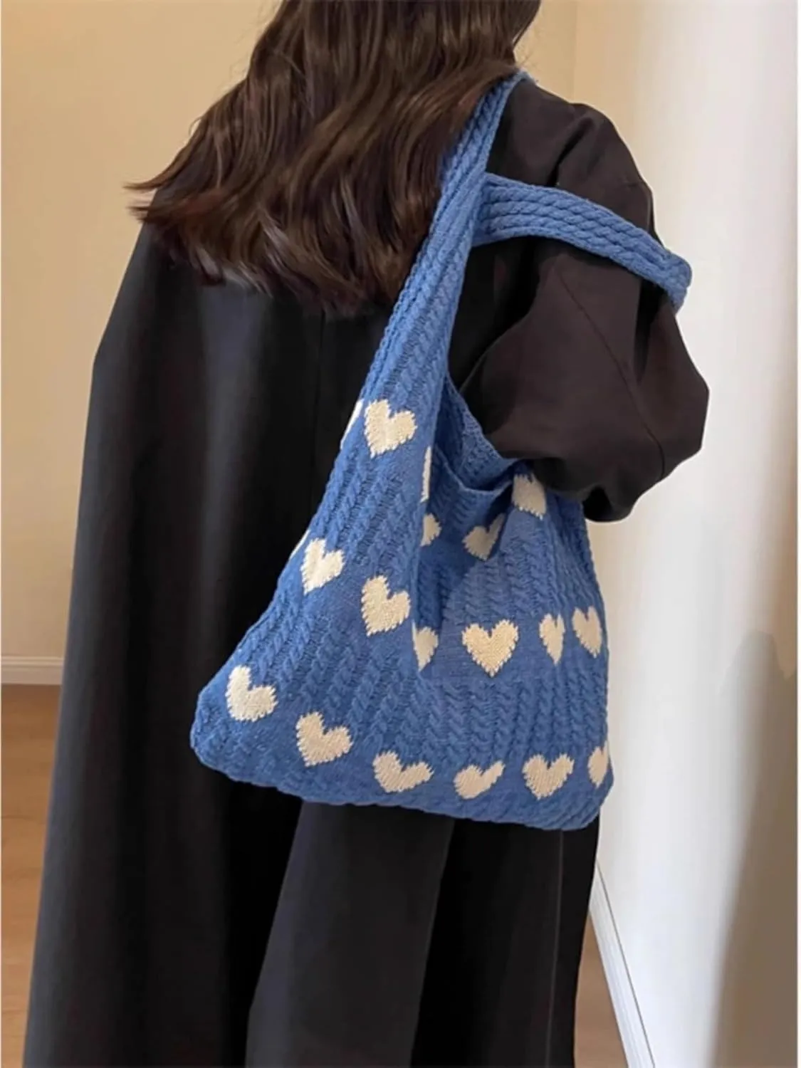 Heart Graphic Cute Tote Bags for Women Aesthetic Crochet Shoulder Handbags for Women Casual Beach