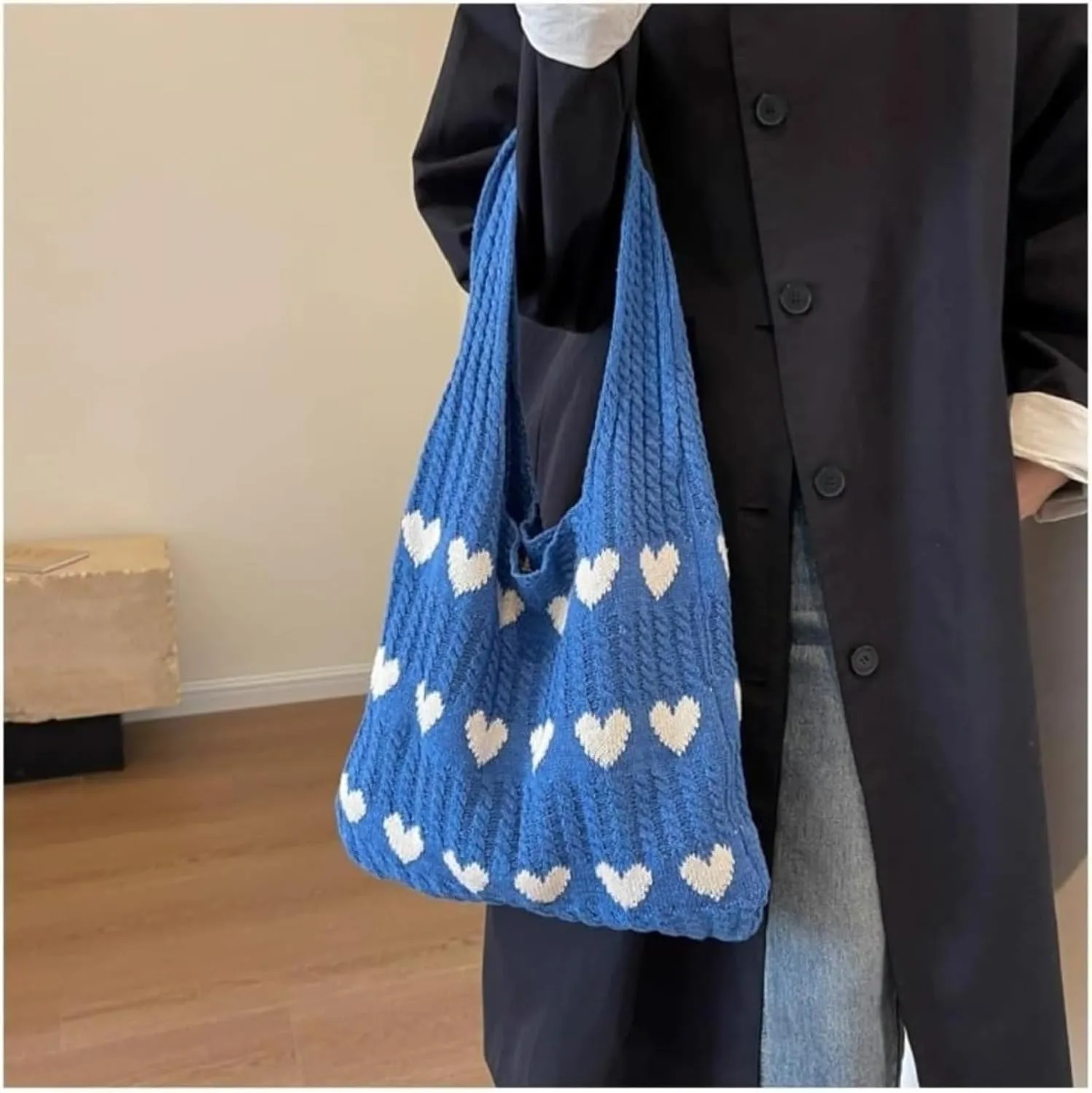 Heart Graphic Cute Tote Bags for Women Aesthetic Crochet Shoulder Handbags for Women Casual Beach