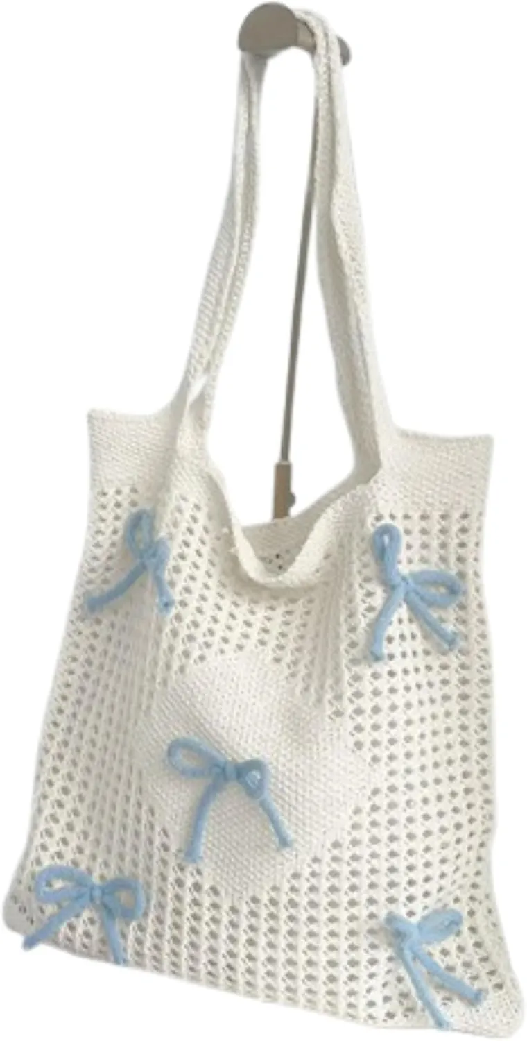Heart Graphic Cute Tote Bags for Women Aesthetic Crochet Shoulder Handbags for Women Casual Beach