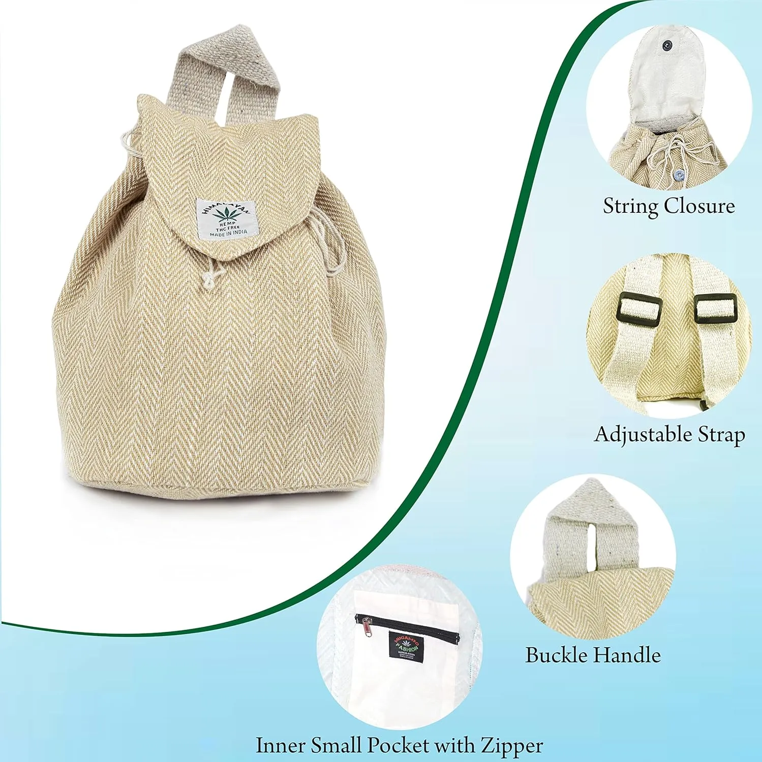 Hemp small bag for women Light Weight Adjustable strap string closure cute backpack Bag for travel casual daypack (Beige)