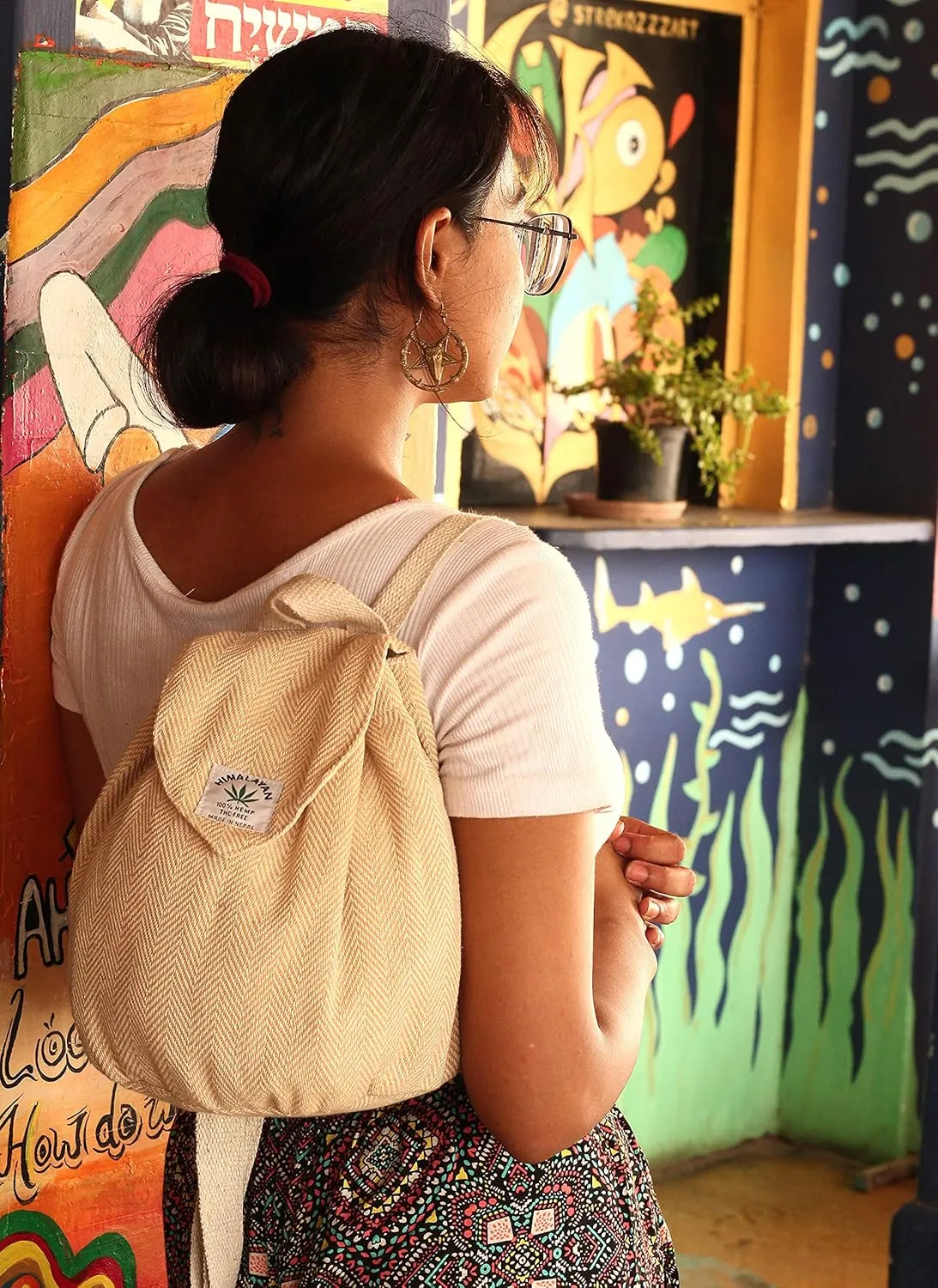 Hemp small bag for women Light Weight Adjustable strap string closure cute backpack Bag for travel casual daypack (Beige)