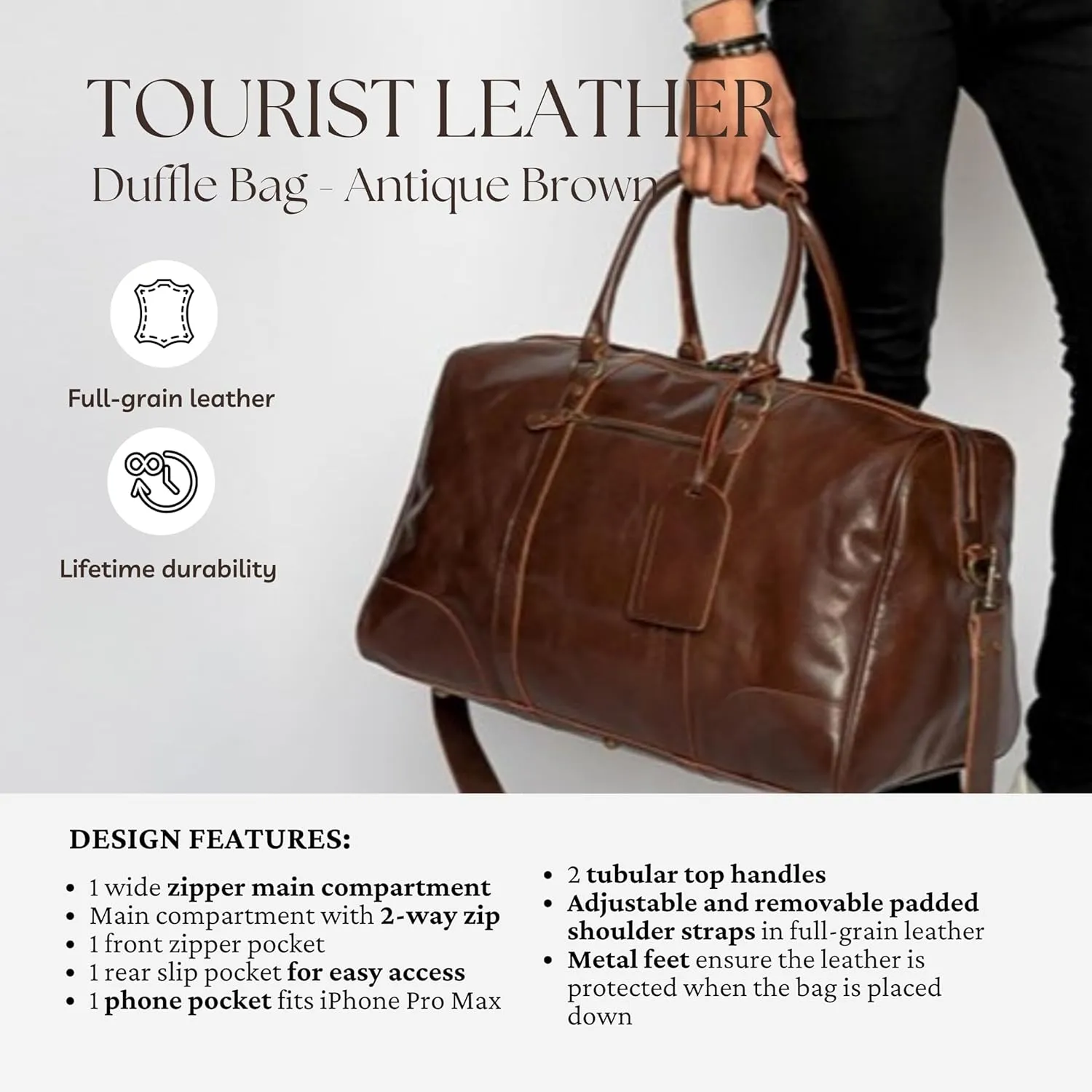 HIDES 50L Tourist Leather Duffle Bag, Handcrafted Travel Companion with Premium Full-Grain Leather Spacious Compartment Secured Zip Pockets and Adjustable Shoulder Strap (Antique Brown)