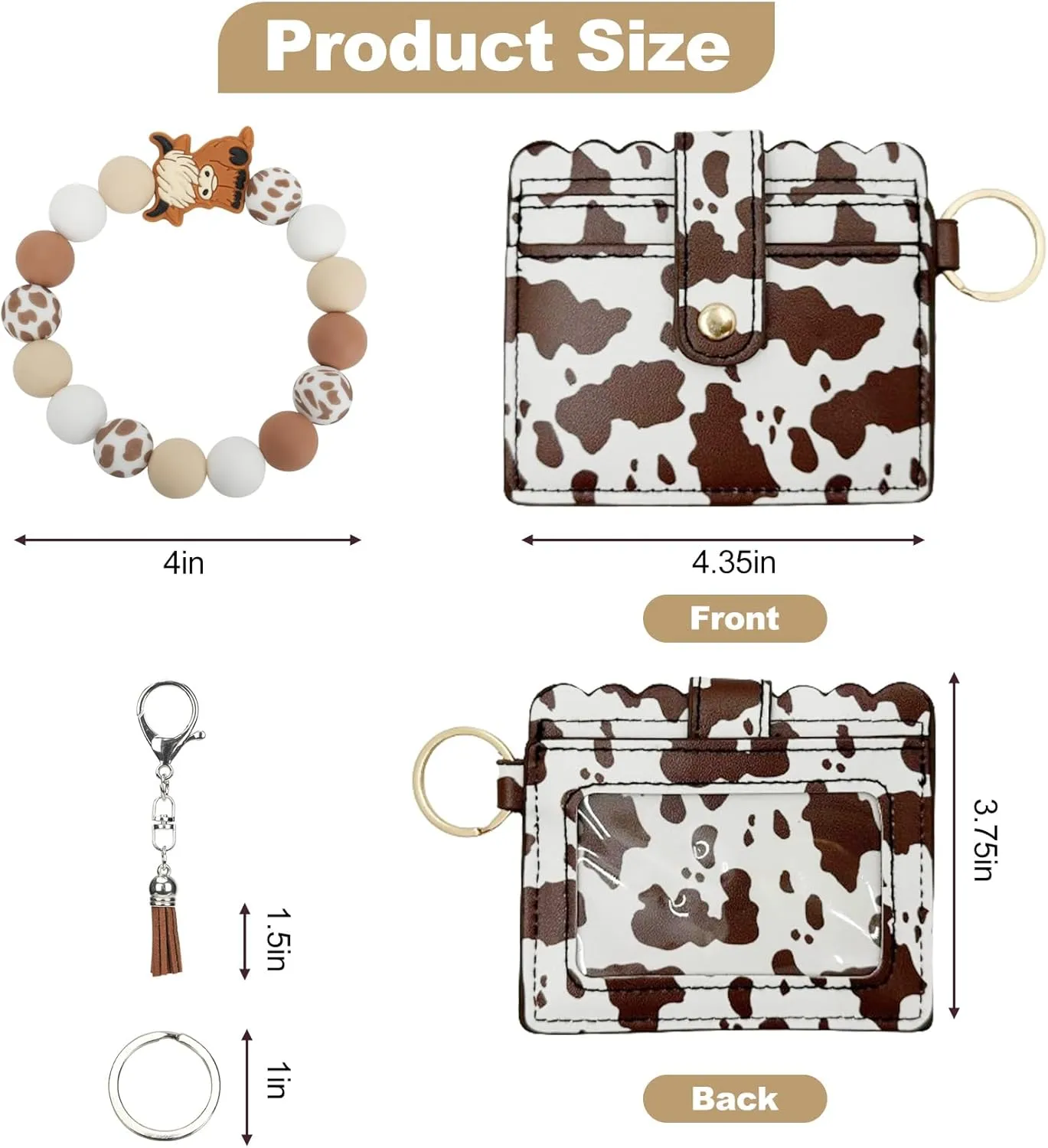 Highland Cow Wristlet Bracelet Keychain with Wallet Card Holder - Silicone Beaded Keyring Purse for Women Girls