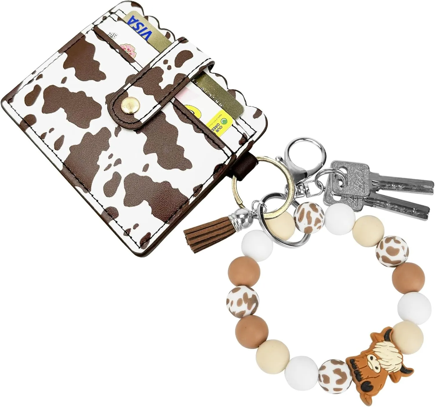 Highland Cow Wristlet Bracelet Keychain with Wallet Card Holder - Silicone Beaded Keyring Purse for Women Girls