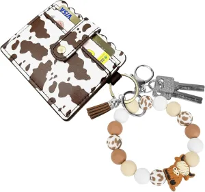 Highland Cow Wristlet Bracelet Keychain with Wallet Card Holder - Silicone Beaded Keyring Purse for Women Girls