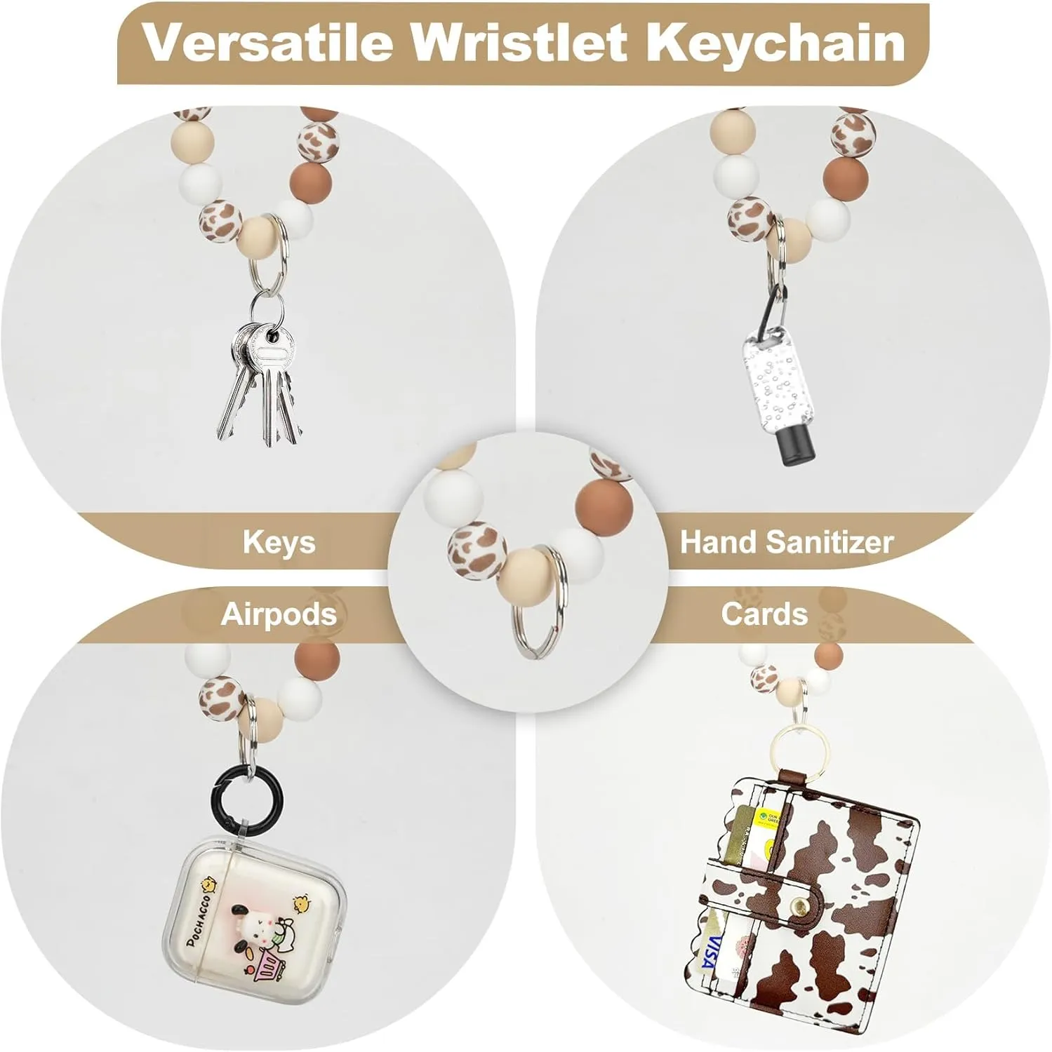 Highland Cow Wristlet Bracelet Keychain with Wallet Card Holder - Silicone Beaded Keyring Purse for Women Girls
