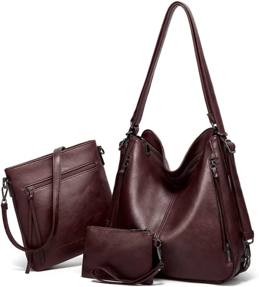 Hobo Tote Shoulder Bag Purses 3pcs for Women PU Retro Backpack Handbag Satchel Clutch Wallet