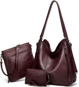 Hobo Tote Shoulder Bag Purses 3pcs for Women PU Retro Backpack Handbag Satchel Clutch Wallet