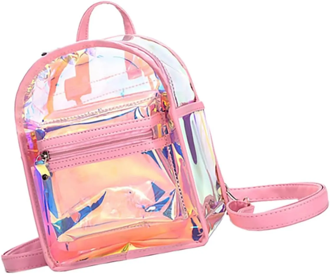 Holographic Iridescent Small Clear Backpack for Women Transparent Purse with Multiple Compartments for Concerts Travel and Everyday Use Lightweight and Stylish Design