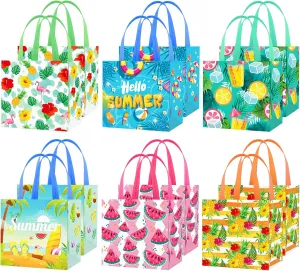 HOWAF 12 Pack Hawaii Party Bags, Reusable Summer Watermelon Pineapple Flamingo Treat Bags, Tropical Themed Candy Goodie Bags for Summer Pool Party, Summer Non-Woven Bags with Handle