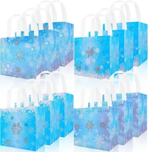 HOWAF 12Pcs Winter Snowflake Gift Bags, Winter Wonderland Decoration Non-Woven Tote Bags, Snowflake Reusable Treat Bags with Handle for Winter Birthday Baby Shower Favor Gifts Wrapping, Frozen Candy Bags