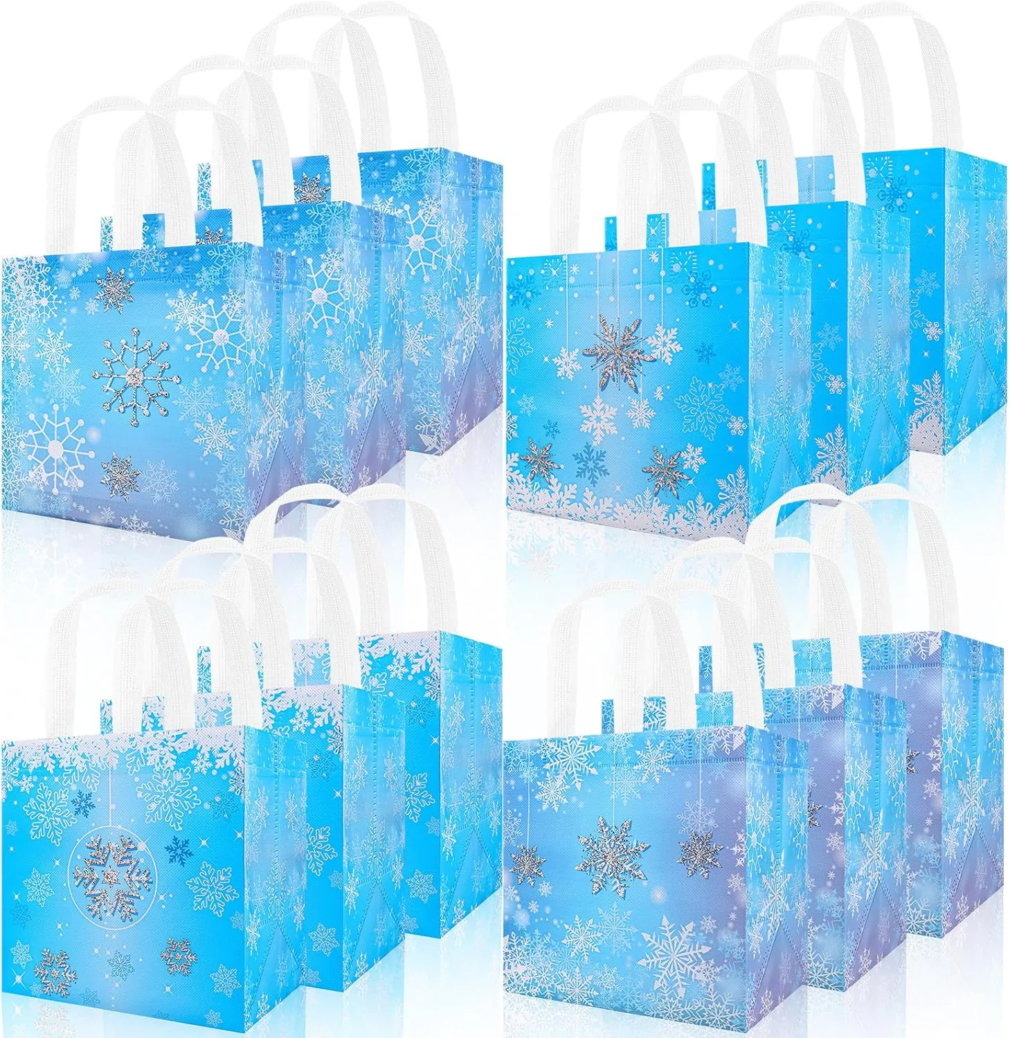 HOWAF 12Pcs Winter Snowflake Gift Bags, Winter Wonderland Decoration Non-Woven Tote Bags, Snowflake Reusable Treat Bags with Handle for Winter Birthday Baby Shower Favor Gifts Wrapping, Frozen Candy Bags