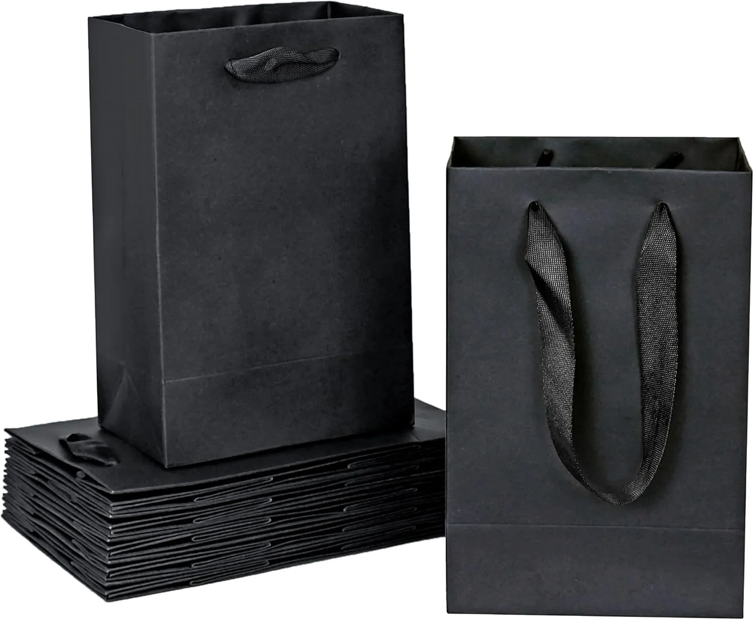 HUAPRINT Black Gift Bag,12 Pack Black Shopping bags with Ribbon Handles,5.25x3.25x8 inch,Craft Gift Bags,Black Paper Bags Bulk,Party Favor Bags,Merchandise Business Bags,Wedding Bags