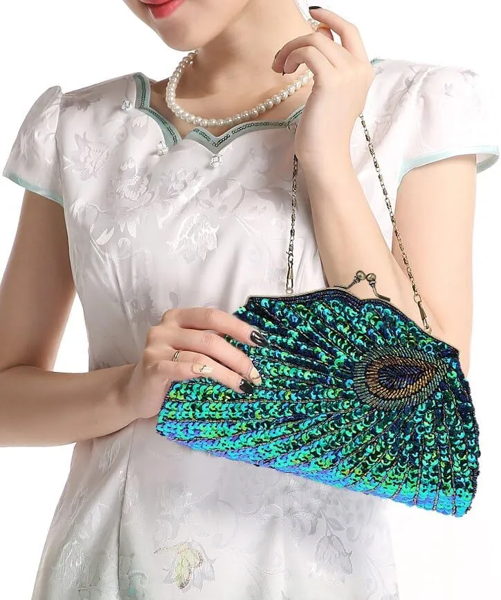 HUFFA Retro Beaded Sequined Women Evening Bags Peacock Cheongsam Luxury Designer Handbags Clutch Purses Crossbody Handbags (Color : Purple)