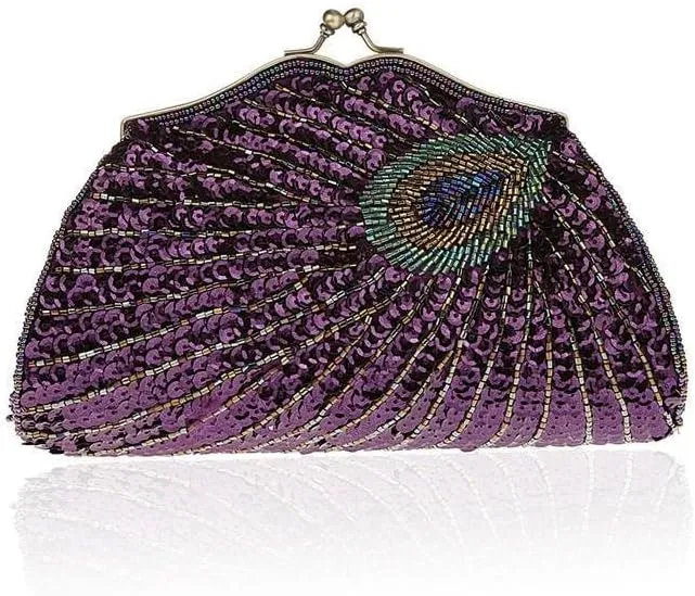 HUFFA Retro Beaded Sequined Women Evening Bags Peacock Cheongsam Luxury Designer Handbags Clutch Purses Crossbody Handbags (Color : Purple)