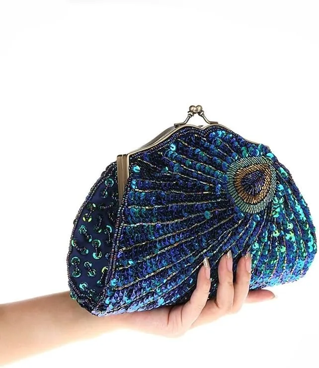 HUFFA Retro Beaded Sequined Women Evening Bags Peacock Cheongsam Luxury Designer Handbags Clutch Purses Crossbody Handbags (Color : Purple)