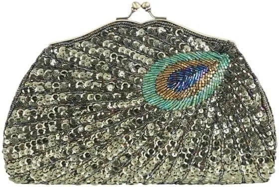 HUFFA Retro Beaded Sequined Women Evening Bags Peacock Cheongsam Luxury Designer Handbags Clutch Purses Crossbody Handbags (Color : Purple)