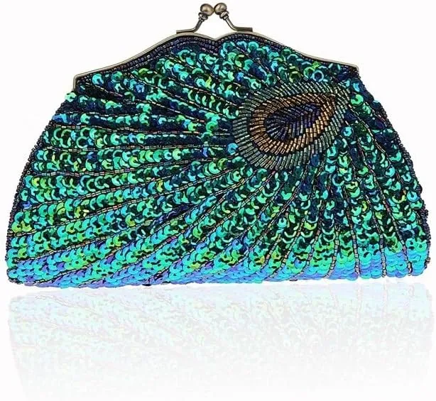 HUFFA Retro Beaded Sequined Women Evening Bags Peacock Cheongsam Luxury Designer Handbags Clutch Purses Crossbody Handbags (Color : Purple)