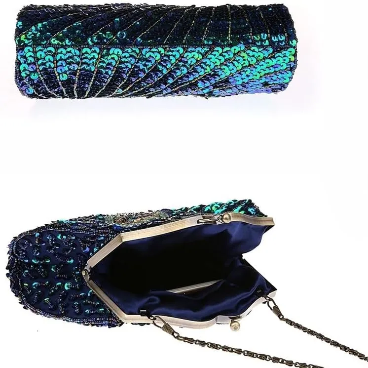 HUFFA Retro Beaded Sequined Women Evening Bags Peacock Cheongsam Luxury Designer Handbags Clutch Purses Crossbody Handbags (Color : Purple)