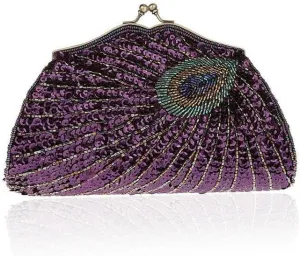 HUFFA Retro Beaded Sequined Women Evening Bags Peacock Cheongsam Luxury Designer Handbags Clutch Purses Crossbody Handbags (Color : Purple)