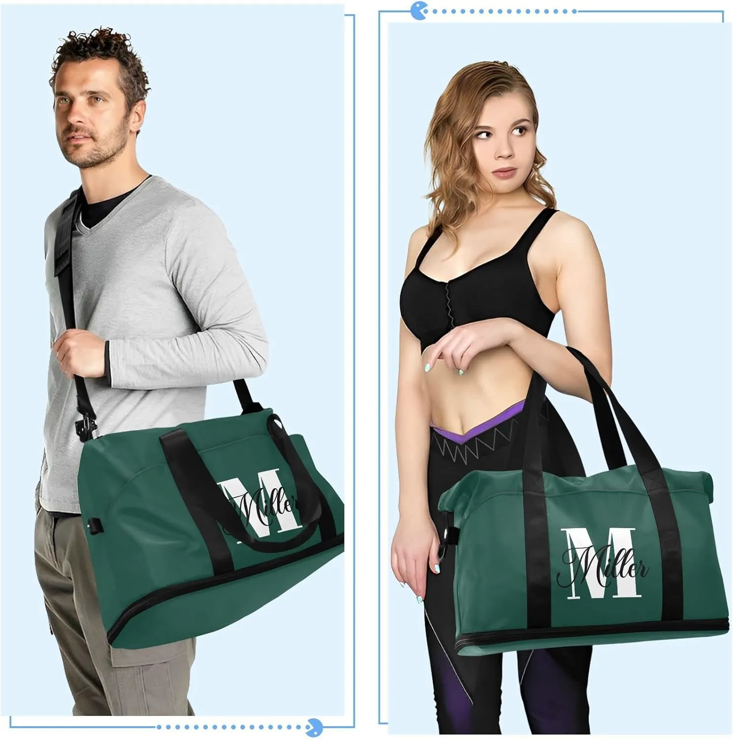 Hunter Green Custom Travel Duffel Bag for Women Men Gym Bag with Shoe Compartment Wet Pocket Personalized Carry On Weekender Overnight Bags for Travel Weekend Getaway