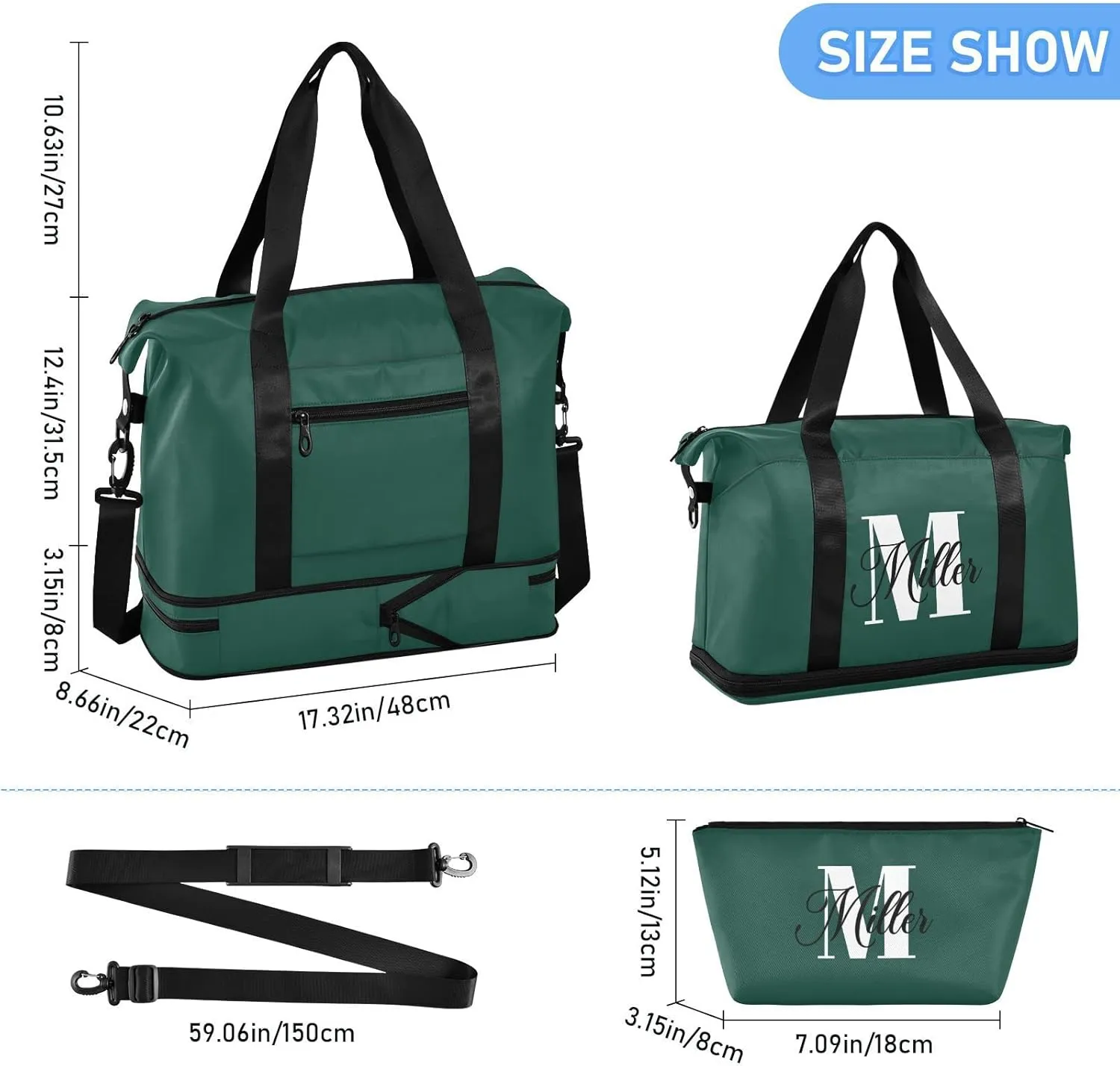 Hunter Green Custom Travel Duffel Bag for Women Men Gym Bag with Shoe Compartment Wet Pocket Personalized Carry On Weekender Overnight Bags for Travel Weekend Getaway