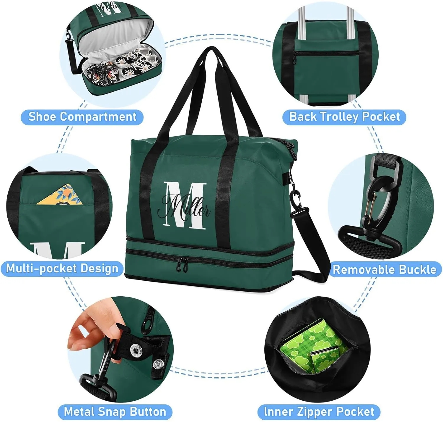 Hunter Green Custom Travel Duffel Bag for Women Men Gym Bag with Shoe Compartment Wet Pocket Personalized Carry On Weekender Overnight Bags for Travel Weekend Getaway