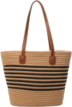 Hycurey Summer Beach Bag for Women Stripes Woven Tote Bag Casual Classics Hand Shoulder Bags Hobo Bags with Large Capacity