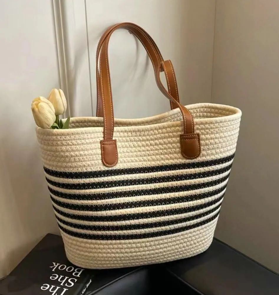 Hycurey Summer Beach Bag for Women Stripes Woven Tote Bag Casual Classics Hand Shoulder Bags Hobo Bags with Large Capacity