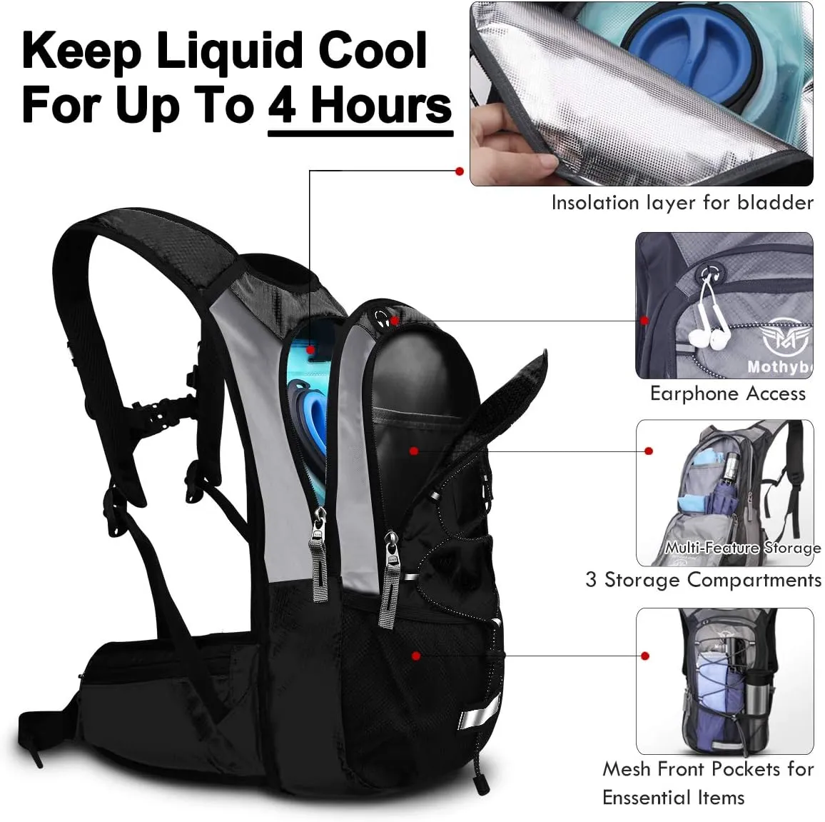Hydration Pack, Insulated Hydration Backpack with 2L BPA Free Water Bladder and Storage, Hiking Backpack for Men, Women, Kids for Running, Cycling, Camping - Keep Liquid Cool up to 5 Hours
