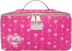 Impressions Vanity Barbie Unfold Travel Makeup Bag Organizer, Opens Flat Zippered Cosmetic Bag with Dual Compartments, Inner Pockets, Top Carrying Handle, Saffiano Leather and Barbie Print Design