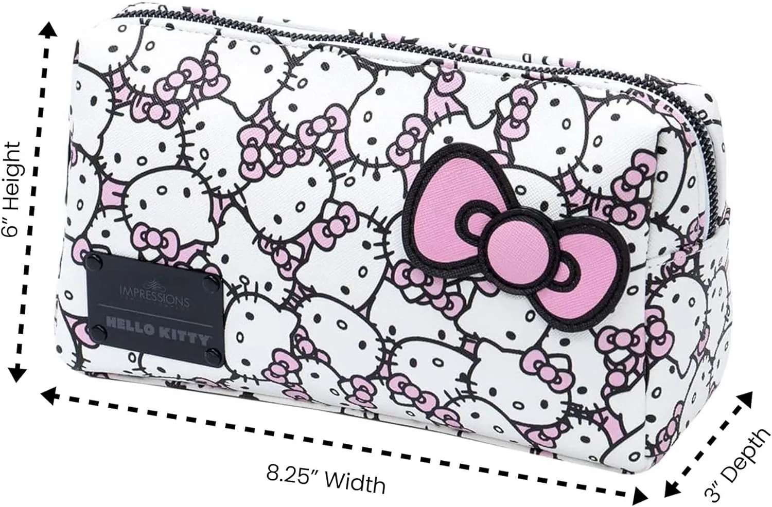 Impressions Vanity Hello Kitty Cosmetic Pouch with Waterproof Faux Leather, Zippered Bag For Travel Size Toiletries, Makeup Bag Organizer With Inside Pocket With Extra Slip Pocket (White/Pink)