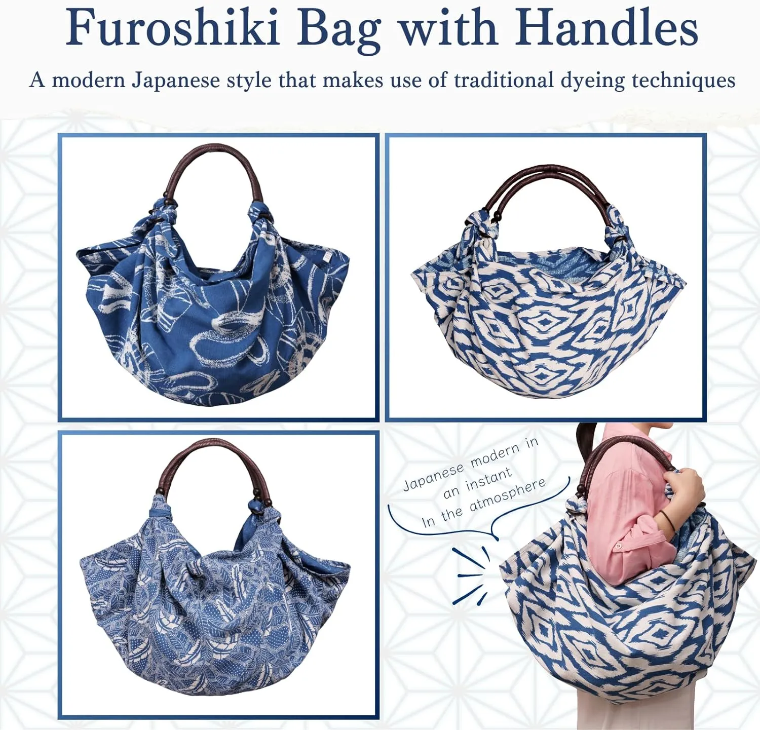 Indigo-Dyed Wrapping Cloth FUROSHIKI & Bag Handle Set Reusable Grocery Eco Bag